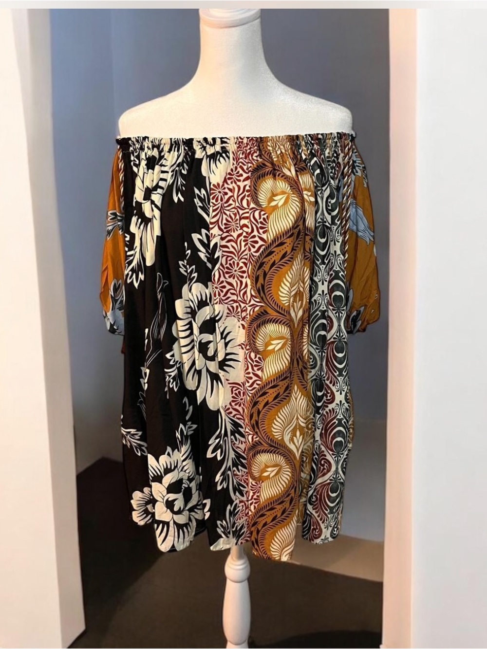 Agua Bendita Off-Shoulder Patchwork Floral Top in Black, Mustard & Cream